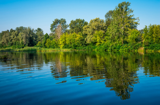 sonniger Tag auf dem ruhigen Fluss im Sommer in der Ukraine - Foto, Bild