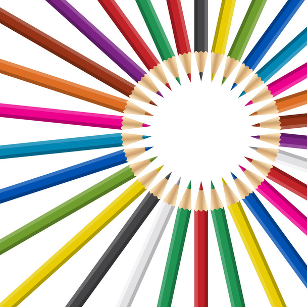 Circle of rainbow colored pencils on white background. - Vector, Image