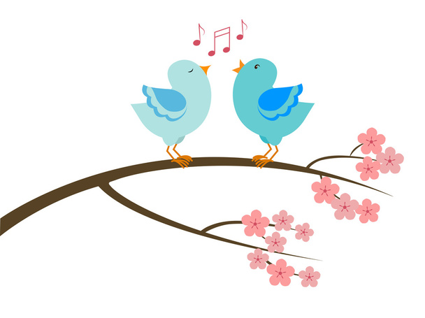 A stylized tree branch in bloom with a couple of singing birds. Vector illustration. - Vector, Image