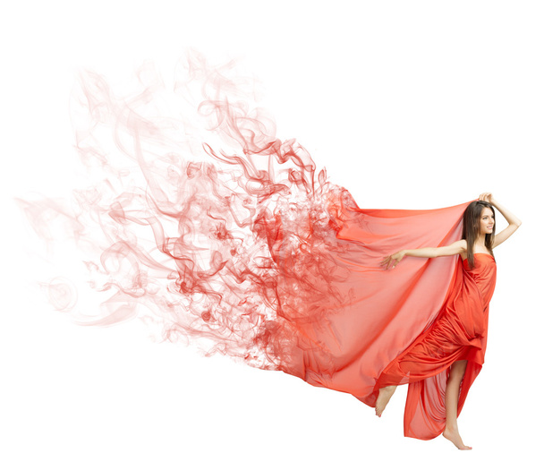 Jeune fille en long tissu rouge isolé (fumée ver
) - Photo, image