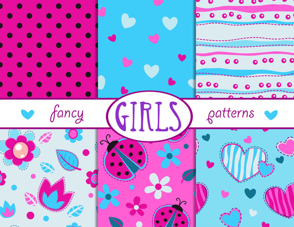Cute girlish seamless patterns set - Vector, afbeelding