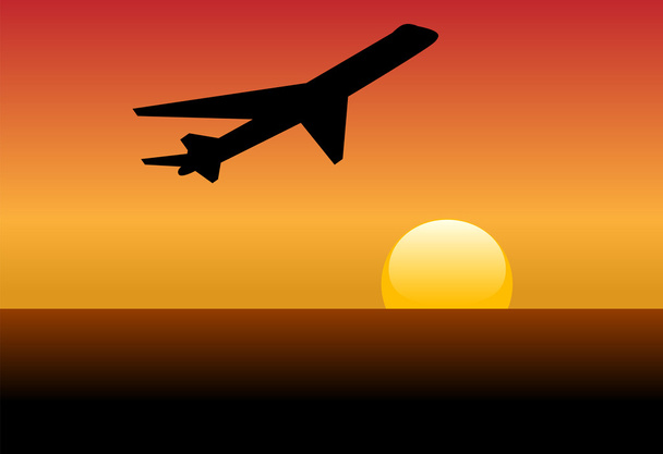 Lentoyhtiön jet siluetti lentoonlähtö auringonlaskuun tai aamunkoittoon
 - Vektori, kuva