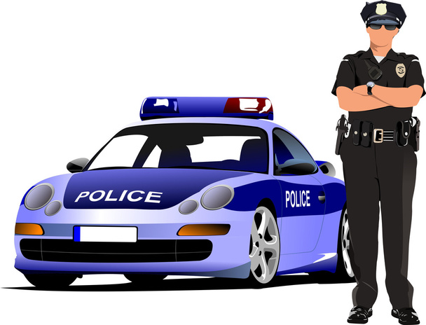 Police woman standing near police car isolated on white. Vector - Vector, afbeelding