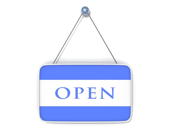 Open sign blue plate on white - Photo, Image