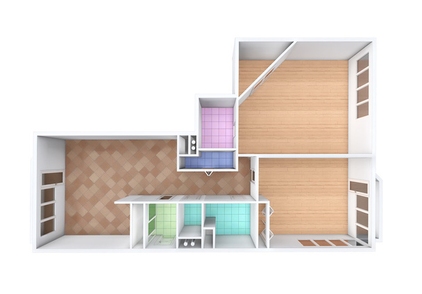 3D rendering. Μοντέλο το διαμέρισμα τριών δωματίων, το κεραμίδι και το παρκέ. Το άδειο διαμέρισμα χωρίς έπιπλα, εξοπλισμό μπάνιου και φινίρισμα. - Φωτογραφία, εικόνα