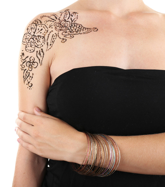 Shoulder painted with henna- Mehendi, isolated on white - Φωτογραφία, εικόνα