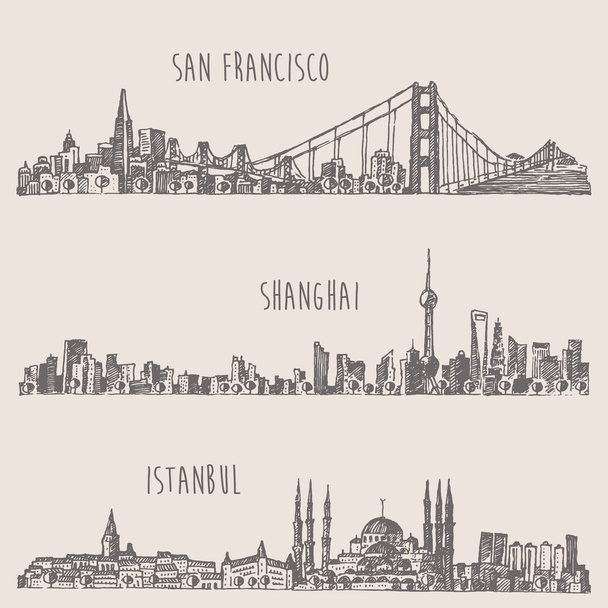 Shanghai Istanbul San Francisco city sketch - Vector, Image