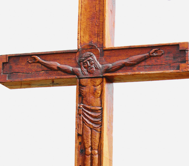 Fragment of statue of crucified Jesus Christ  (an ancient wooden - Photo, Image