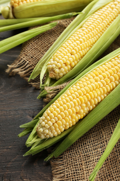 Fresh corn on cobs on sackcloth - Zdjęcie, obraz