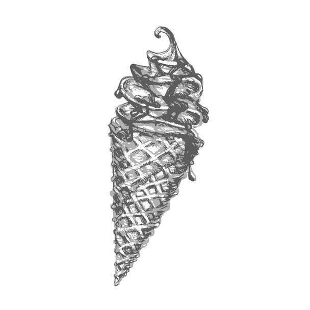 illustration pencil on a white background ice cream drizzled with chocolate wafer cone - Vektor, kép
