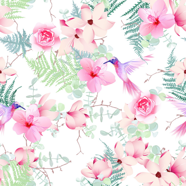 Exotic flowers with hummingbirds seamless vector print - Διάνυσμα, εικόνα