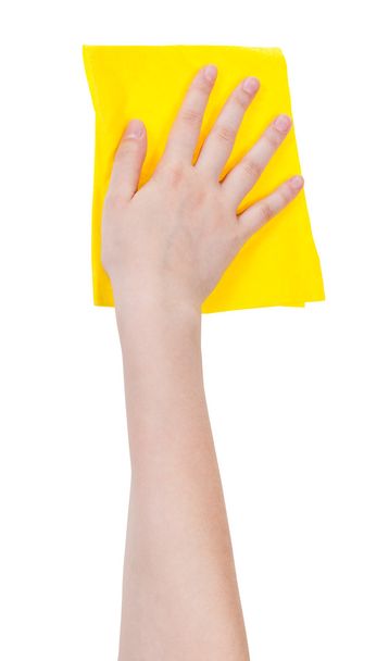 рука з жовтою ганчіркою для прання ізольована на білому
 - Фото, зображення