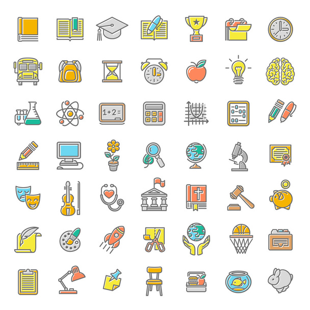 Flat Line Colorful School Subjects Icons - Vector, Image