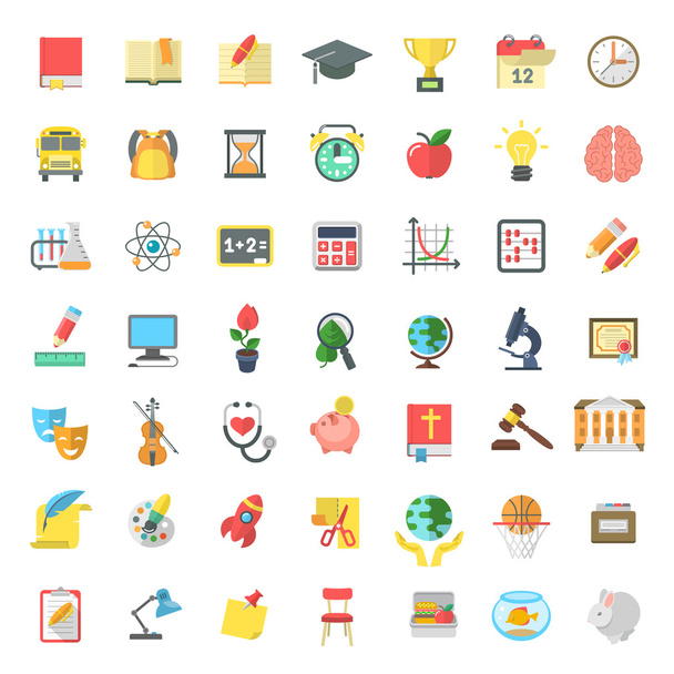 Ploché barevné školy předměty ikony izolované na bílém pozadí - Vektor, obrázek