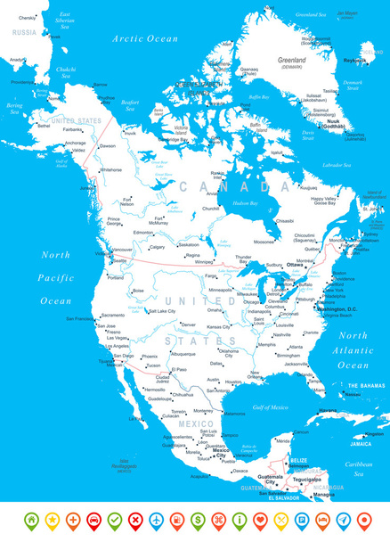 Nordamerika - Karte, Navigationssymbole - Illustration. - Vektor, Bild