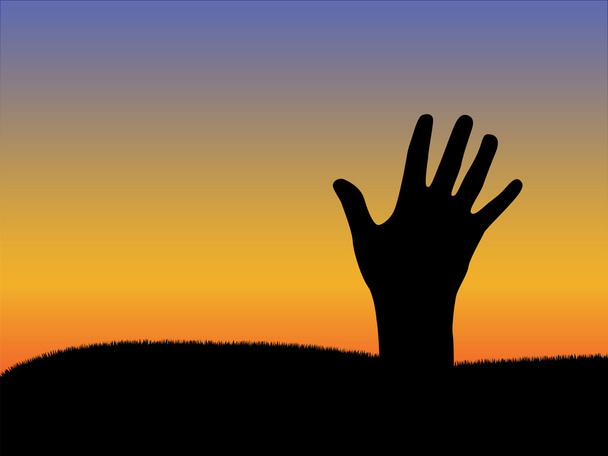 Σιλουέτα των χεριών από το έδαφος με το ηλιοβασίλεμα του ουρανού - Διάνυσμα, εικόνα