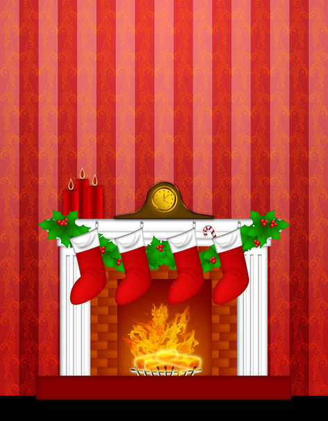 Fireplace Christmas Decoration wth Stockings and Wallpaper - Foto, Bild