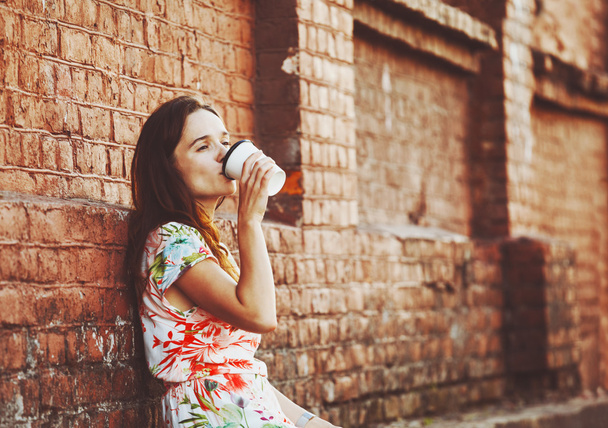 pretty girl drinking morning coffee - Photo, Image