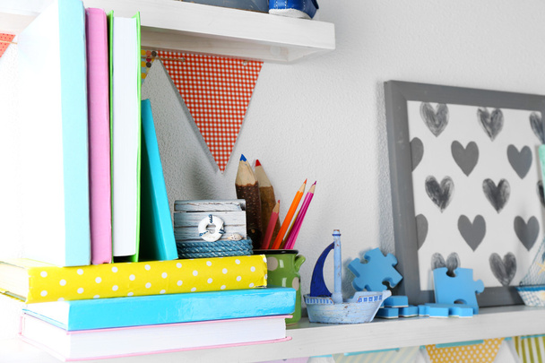 Shelves with toys in child room close-up - Foto, Imagen