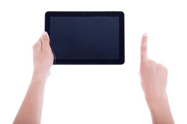 male hands using tablet computer with blank screen isolated on w - Fotó, kép