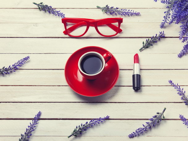 Coffee, lipstick and glasses - Фото, изображение