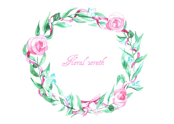 Frame of watercolor roses and ribbons. Can be used as a greeting card for background of  wedding day ,Valentine's day, birthday, mother's day and so on. - Photo, Image