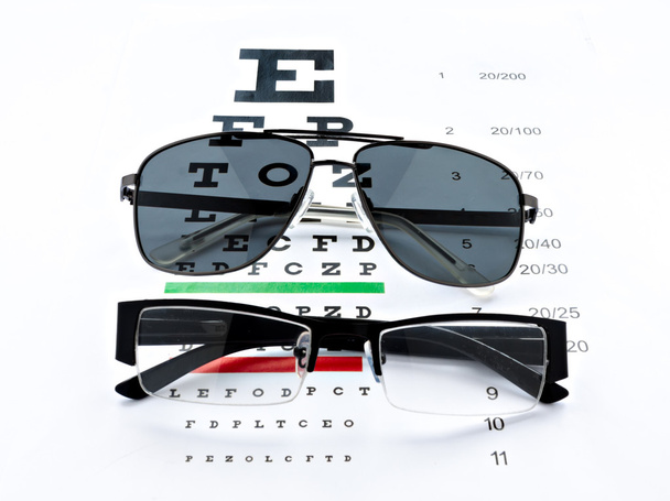 eyeglasses and sunglasses vision chart at white background - Photo, Image