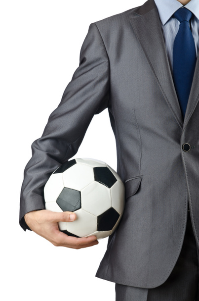 επιχειρηματίας εκμετάλλευση ποδόσφαιρο σε λευκό - Φωτογραφία, εικόνα