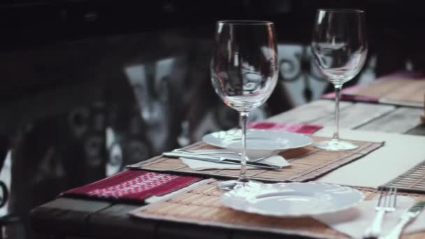 テーブルの上には皿とメガネがあります。ウクライナ料理レストランでの提供 . - 映像、動画