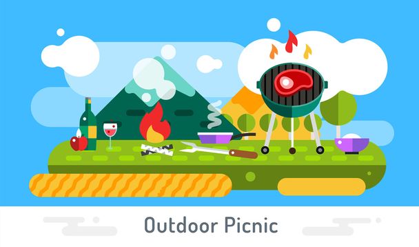 Barbecue and food icons vector set outdoor landscape. Outdoor, BBQ, fish on grill, kitchen, meat food, restaurant. Stock design elements.  - Vector, Image
