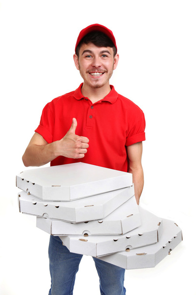 Delivery boy with cardboard pizza box isolated on white - Photo, Image