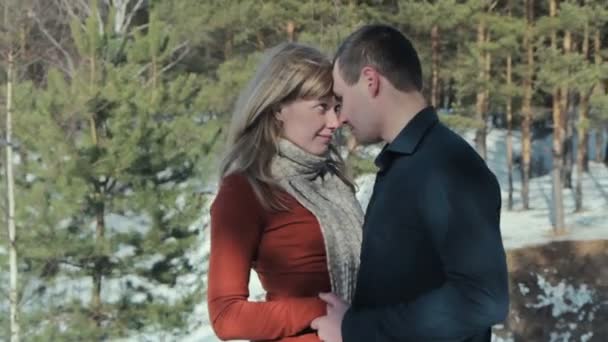 Ζευγάρι στην αγάπη στο δάσος το χειμώνα - Πλάνα, βίντεο