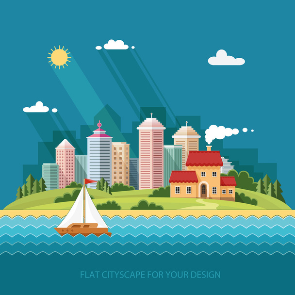cityscape - summer  Country house on a background of a big city. - Vector, Image