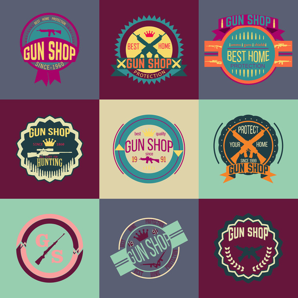 Pop art pistola negozio logotipi e distintivi set vettoriale
 - Vettoriali, immagini
