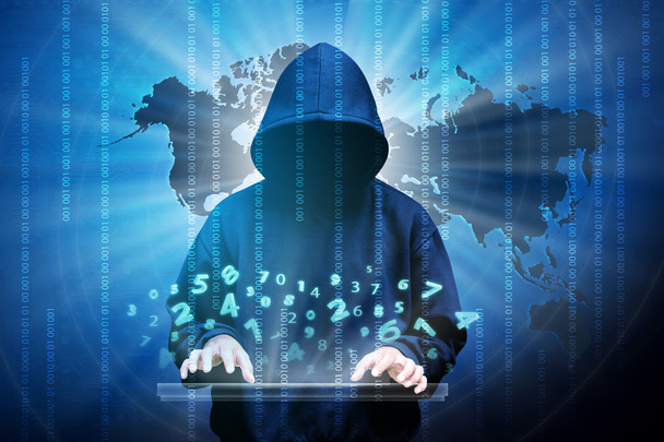 Computer hacker silhouette of hooded man - Foto, Imagem