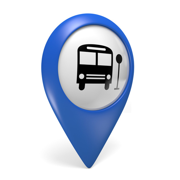 Icono de puntero de mapa azul 3D con un símbolo de autobús para el transporte público
 - Foto, Imagen