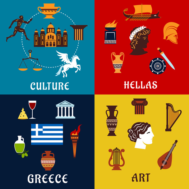 Culture, art and history icons of Greece - Vector, afbeelding
