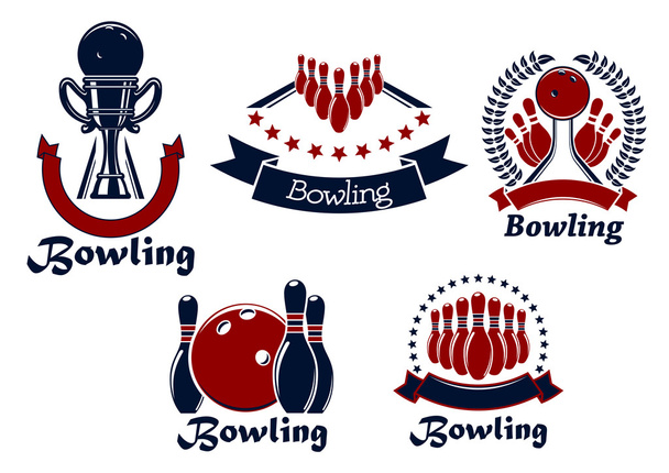 Bowlingspiel-Ikonen mit Bällen, Kegeln und Trophäe - Vektor, Bild