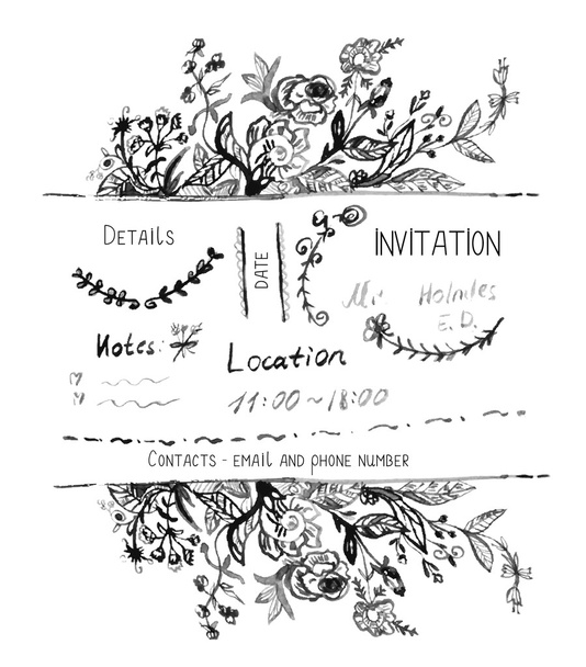 Einladungsdesign mit handgezeichneten Blumen und Bordüren  - Vektor, Bild