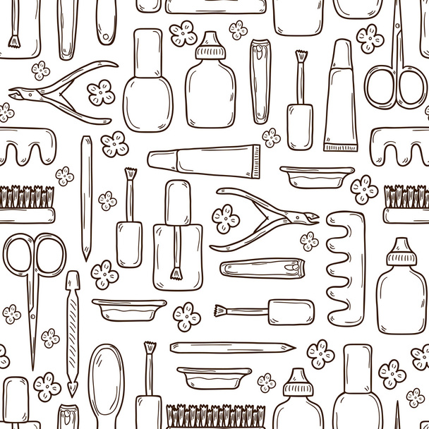 Seamless background with cute hand drawn objects on manicure pedicure theme: clippers, polish, file, nipper, creams. Beauty concept - Vettoriali, immagini