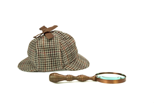 Casquette Sherlock Holmes Deerstalker et verre grossissant vintage Iso
 - Photo, image