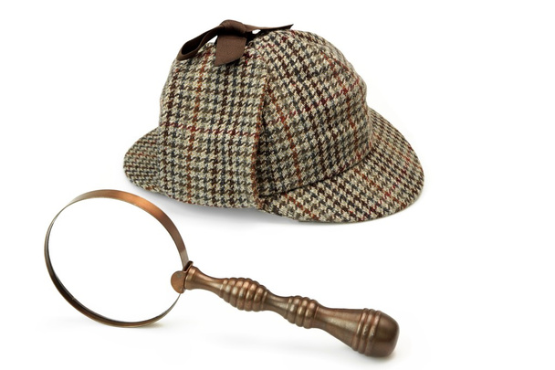 シャーロック ・ ホームズの鹿撃ち帽キャップとビンテージ虫眼鏡 Iso - 写真・画像