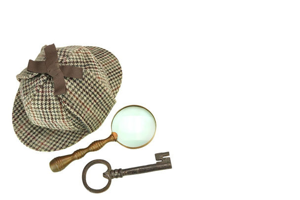 Sherlock Holmes Deerstalker Cap, Vintage lente d'ingrandimento e Ol
 - Foto, immagini