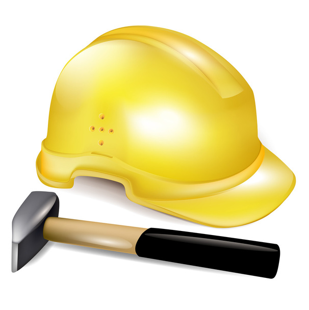 Construction hard working hat and hammer - Διάνυσμα, εικόνα