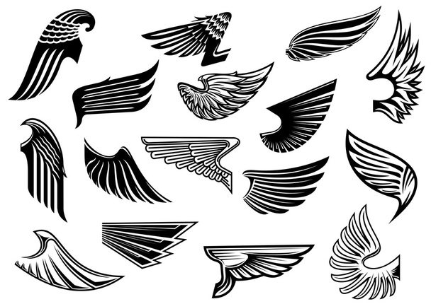 Урожай ізольовані геральдичні крила набір з детальним і абстрактним оперенням, для татуювання або геральдичного дизайну
 - Вектор, зображення
