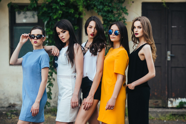 fünf schöne junge Mädchen in Kleidern - Foto, Bild