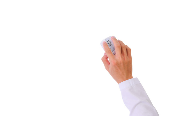 Vista superior de la mano que sostiene usando el ratón del ordenador que hace clic aislado en el fondo blanco
 - Foto, Imagen