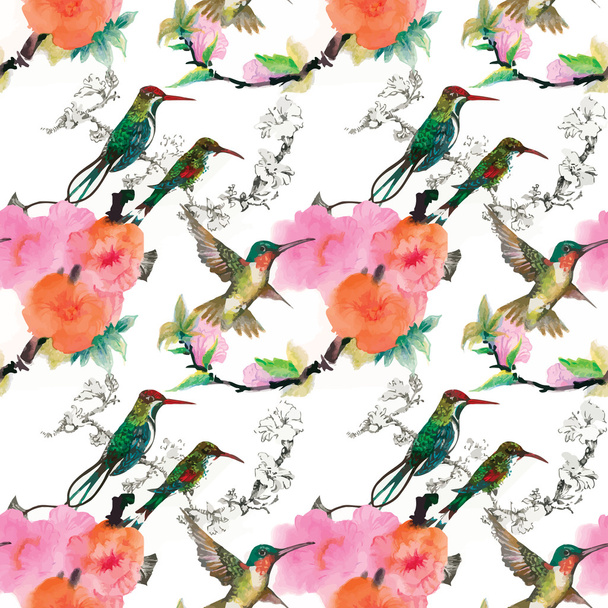 birds in blooming garden - Vector, Image