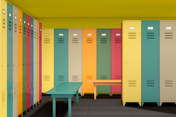 Ряд многоцветных шкафчиков со скамейкой
 - Фото, изображение