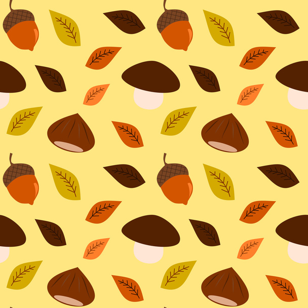 シーズン秋栗ドングリとキノコのシームレスなベクトル パターン背景 - ベクター画像